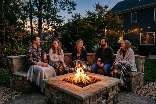 Fire pit with custom seating wall