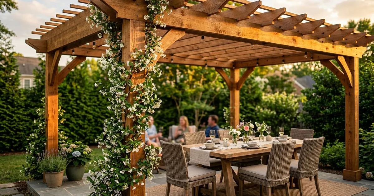 Custom cedar pergola over patio with outdoor dining in Raleigh NC
