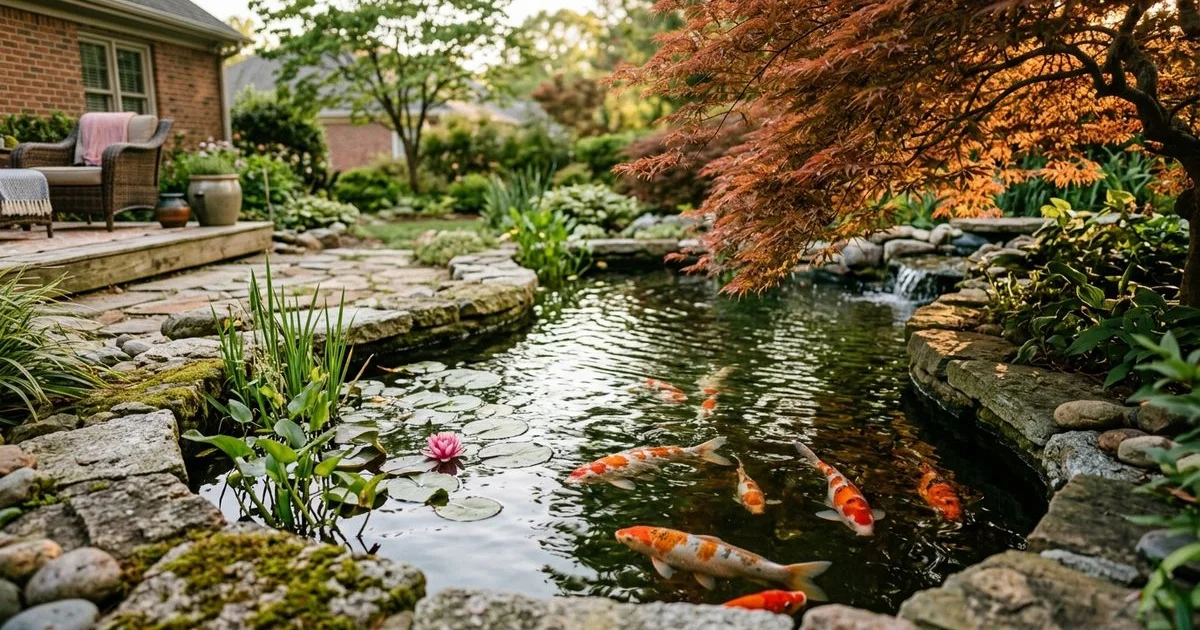 Beautiful koi pond with natural stone edges and water plants in Raleigh NC