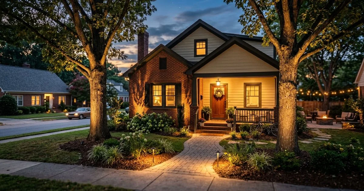 Professionally lit Raleigh NC home and landscape at dusk with warm lighting