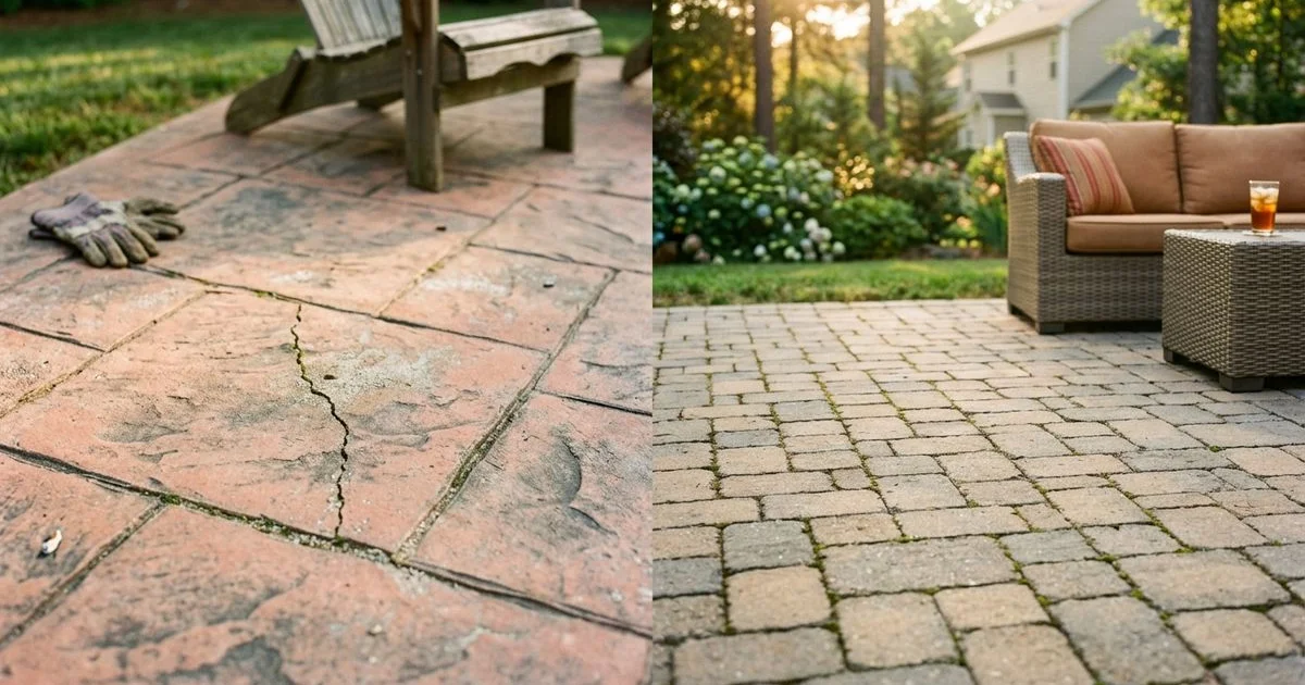 Stamped concrete versus paver patio comparison for Raleigh