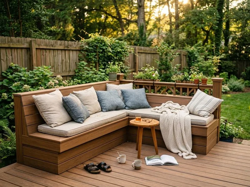 Custom deck with built-in seating and integrated planters