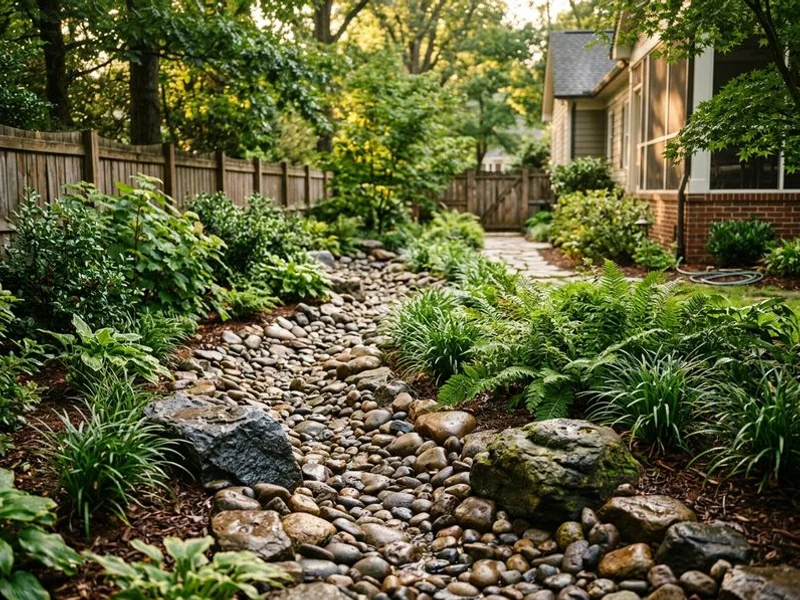 Decorative dry creek bed managing drainage in Raleigh landscape