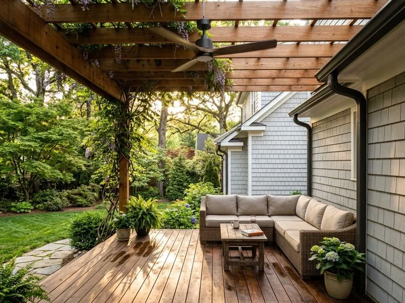 Elevated hardwood deck with attached pergola and outdoor furniture
