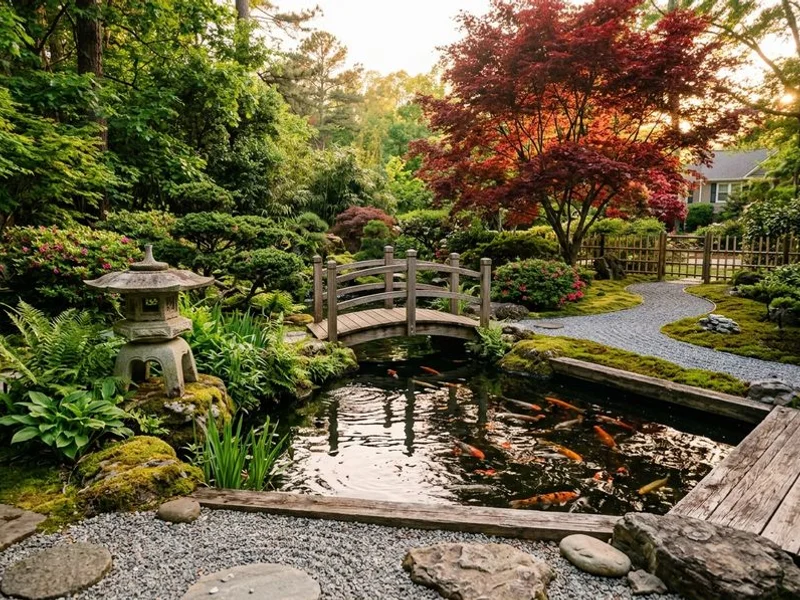 Japanese-inspired koi pond with bridge and lantern in Raleigh