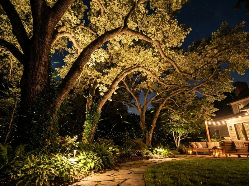 Dramatic uplighting on mature trees in Raleigh landscape