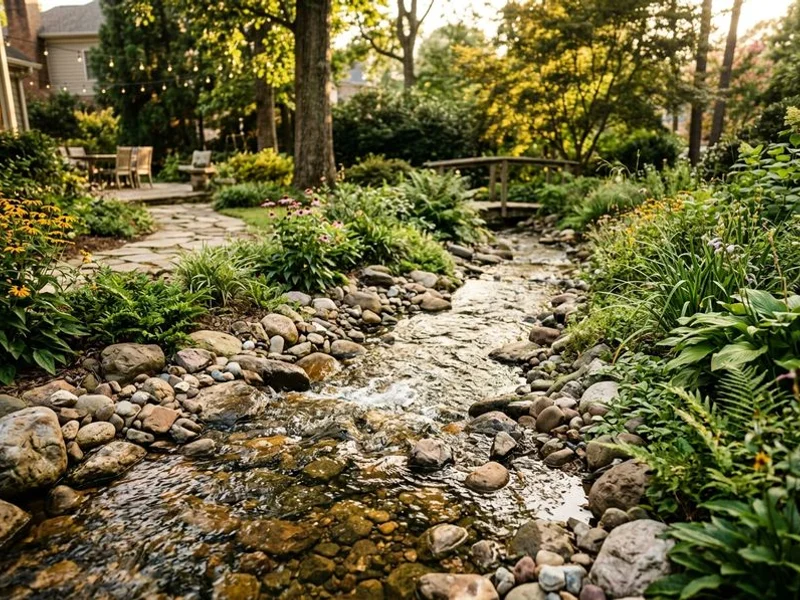 Constructed natural stream bed winding through Raleigh landscape