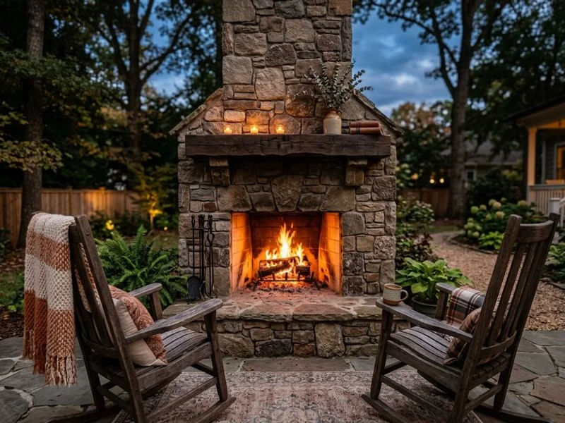 Outdoor stone fireplace with mantel in Raleigh backyard