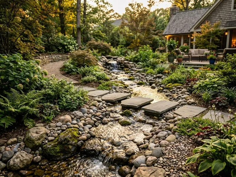 Pondless waterfall with meandering stream in Raleigh landscape