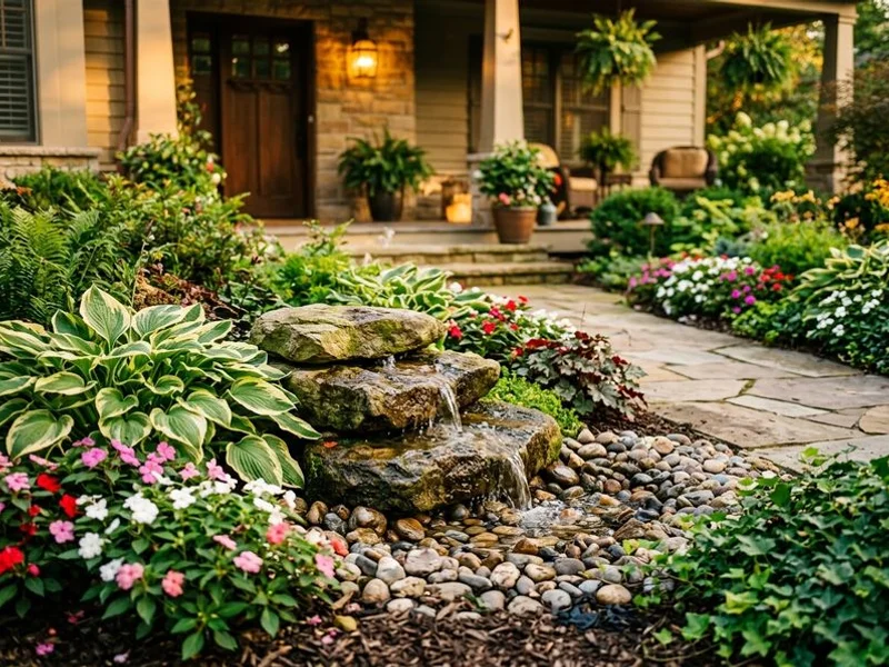 Compact pondless waterfall in Raleigh entry garden