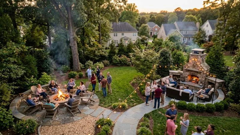 Aerial view of Raleigh backyard with both fire pit conversation area and outdoor fireplace lounge creating two distinct gathering zones
