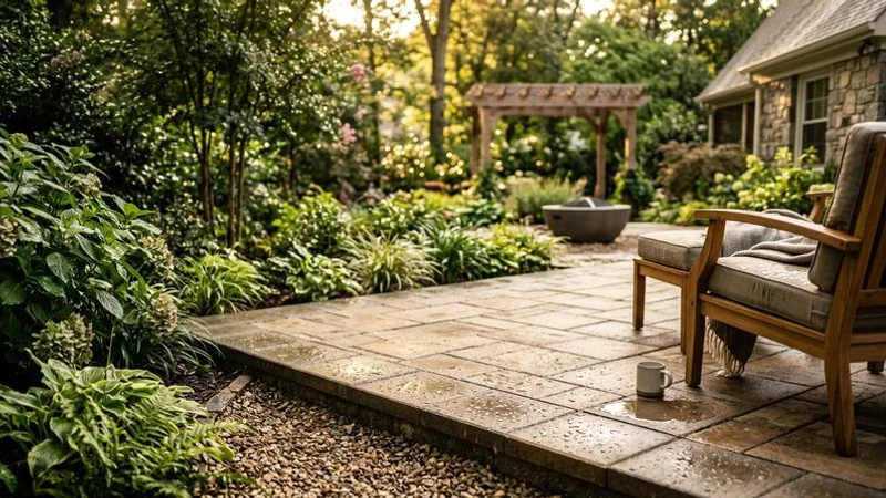 Completed paver patio with proper drainage showing dry surface after rain in a Raleigh backyard with lush landscaping