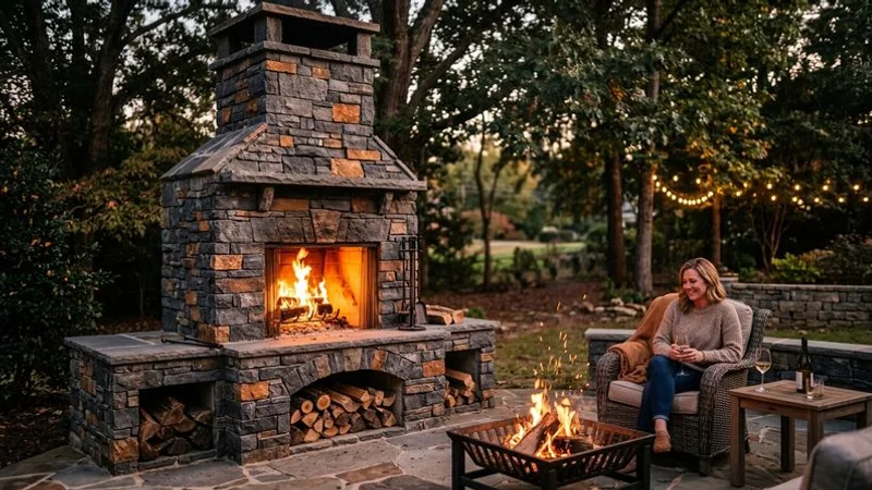 Custom stone outdoor fireplace with chimney and flanking walls with built in wood storage on a Raleigh patio