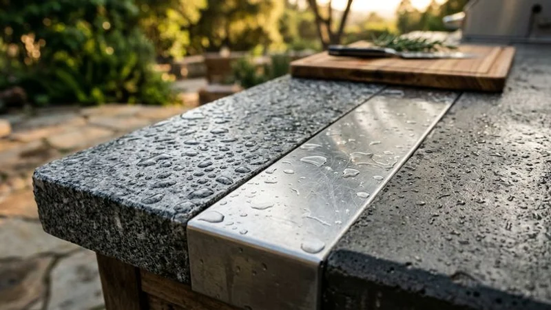 Close-up of durable outdoor kitchen countertop materials and stainless steel fixtures designed for Raleigh weather conditions