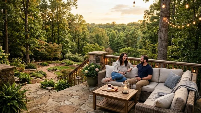 Elevated stone patio with panoramic views of a wooded Raleigh backyard featuring comfortable outdoor furniture and landscape lighting