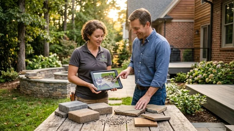 Professional hardscape contractor reviewing detailed patio design with 3D rendering and material samples in Raleigh office