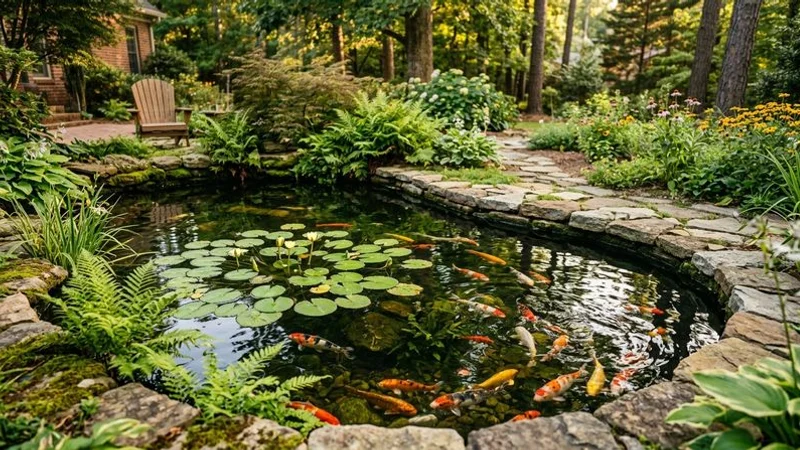 Beautiful koi pond with natural stone edging, aquatic plants, and colorful koi fish in a Raleigh residential backyard