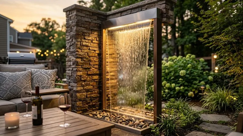 Modern rain curtain water wall feature with LED lighting mounted on a contemporary stone wall in an upscale Raleigh patio