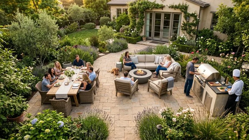 Overhead view of a multi-zone patio design showing dining area conversation space and grilling station with proper proportions