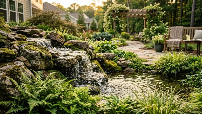 Natural stone waterfall flowing into a landscaped pond surrounded by ferns and ornamental grasses in a Raleigh backyard
