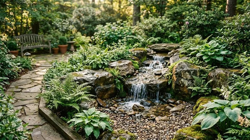 Pondless waterfall cascading over natural boulders into a gravel basin surrounded by ferns and hostas in a Raleigh landscape
