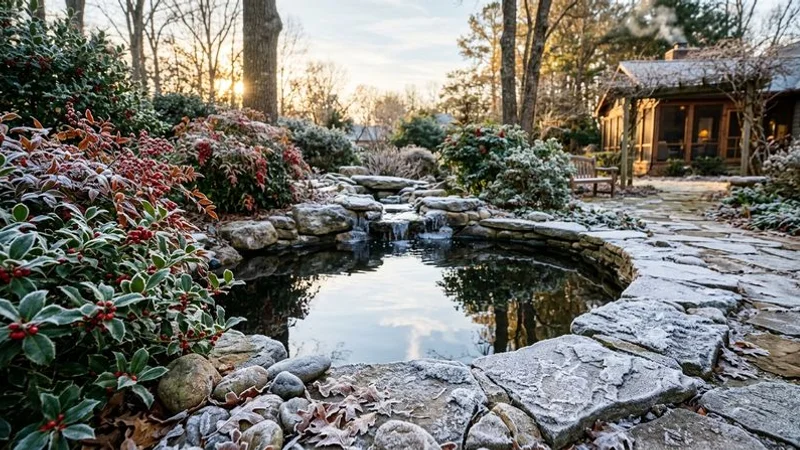Peaceful water feature in winter with frost on surrounding stones and evergreen plantings in a Raleigh backyard